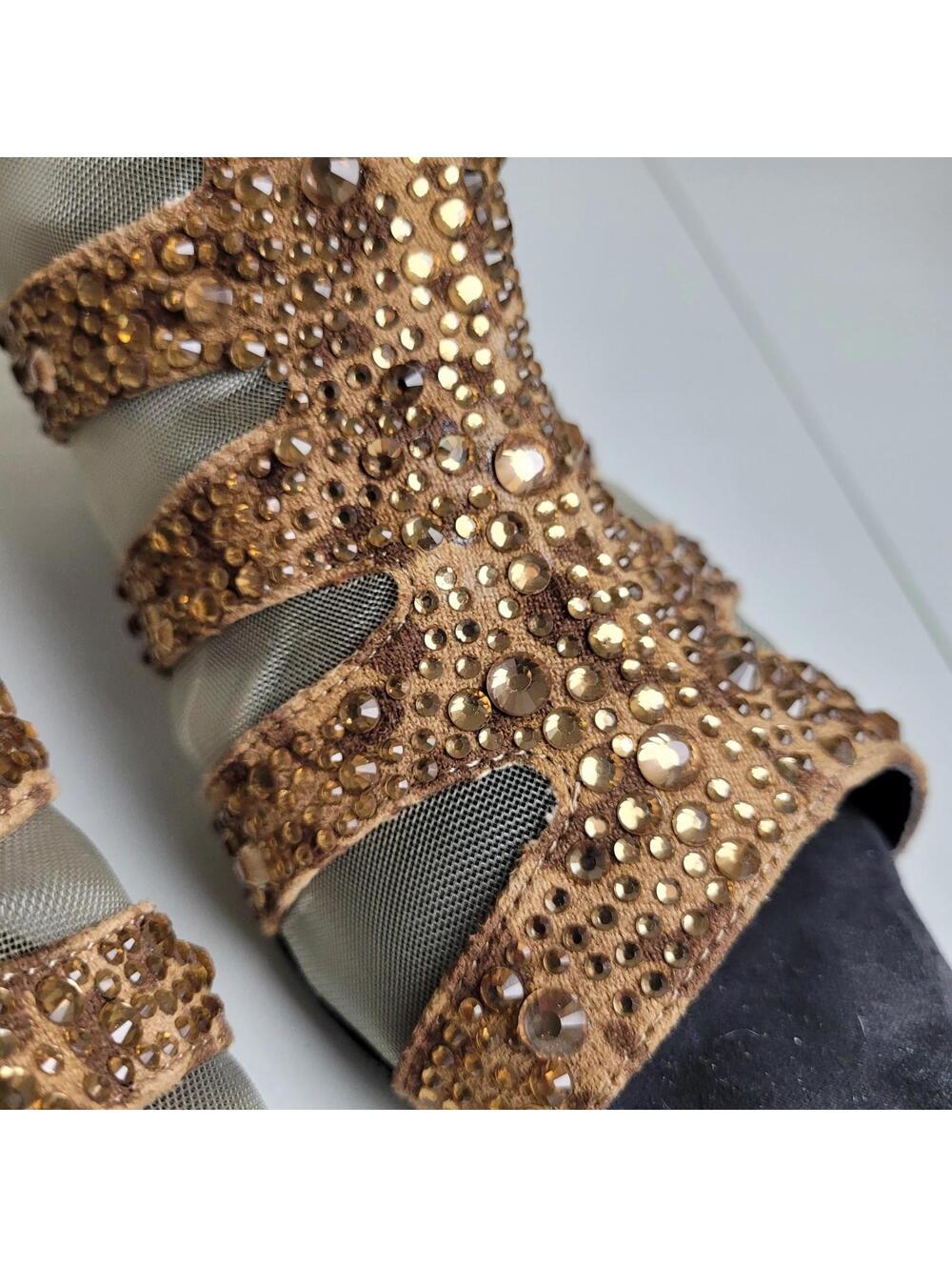 Joan Boyce Women's Strappy Mesh Boots Sz 10 Wide Shoes Rhinestones Leopard Heels - Picture 3 of 9